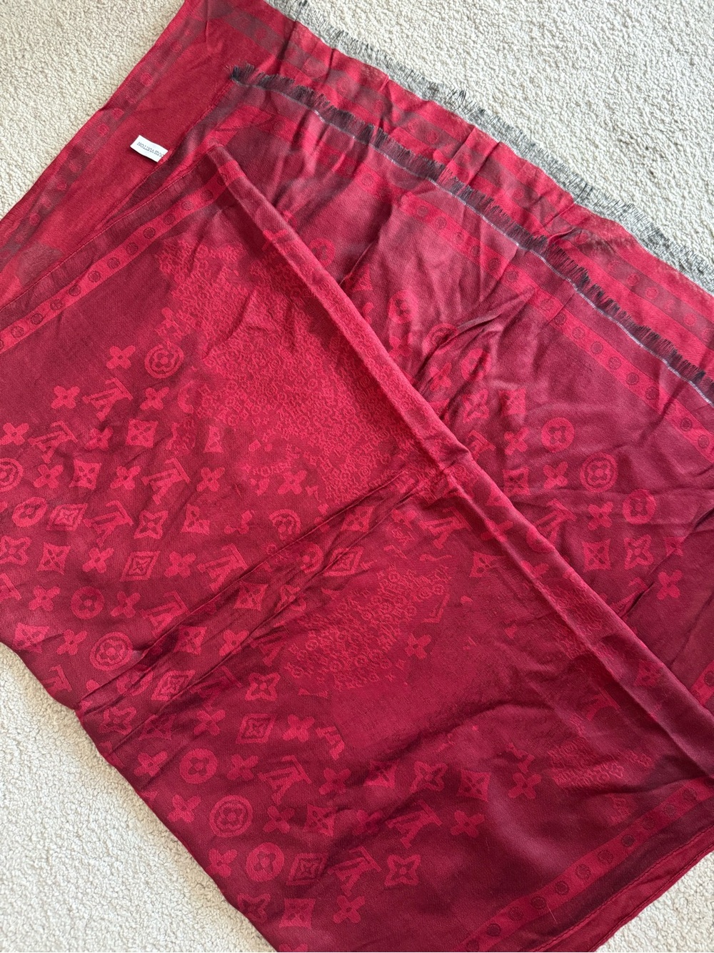 Louis Vuitton Vintage Deep Wine Red Burgundy Monogram Scarf 100% Silk - Picture 3 of 9